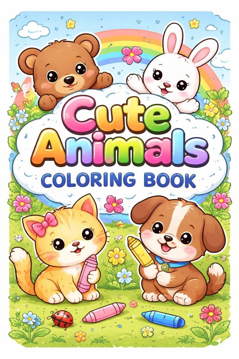 Bear, rabbit, cat, and puppy with crayons beneath a rainbow on the Cute Animals coloring book cover.